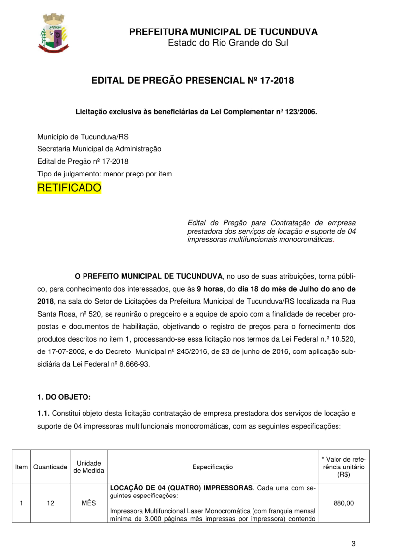 RETIFICAÇÃO EDITAL DE PREGÃO PRESENCIAL 17/2018